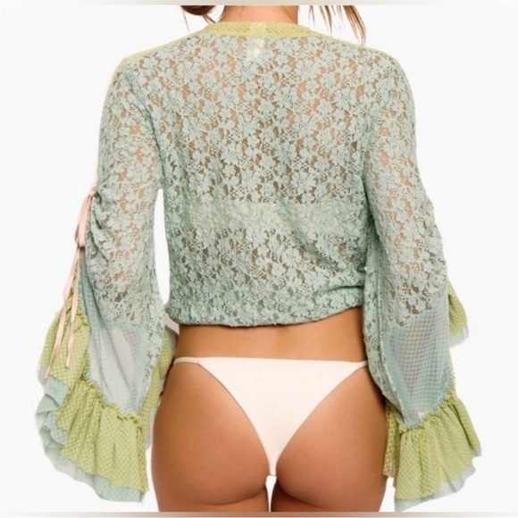 We Are HAH Kim On Lace Boho Ruffle Top Blue Green Size M - Picture 2 of 9